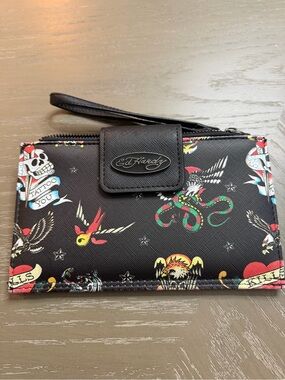 Ed Hardy Black Wristlet Wallet with Multicolor Tattoo Motifs